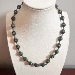 Dark Green Beaded Necklace Paper Beads Long Casual Choker Jewelry